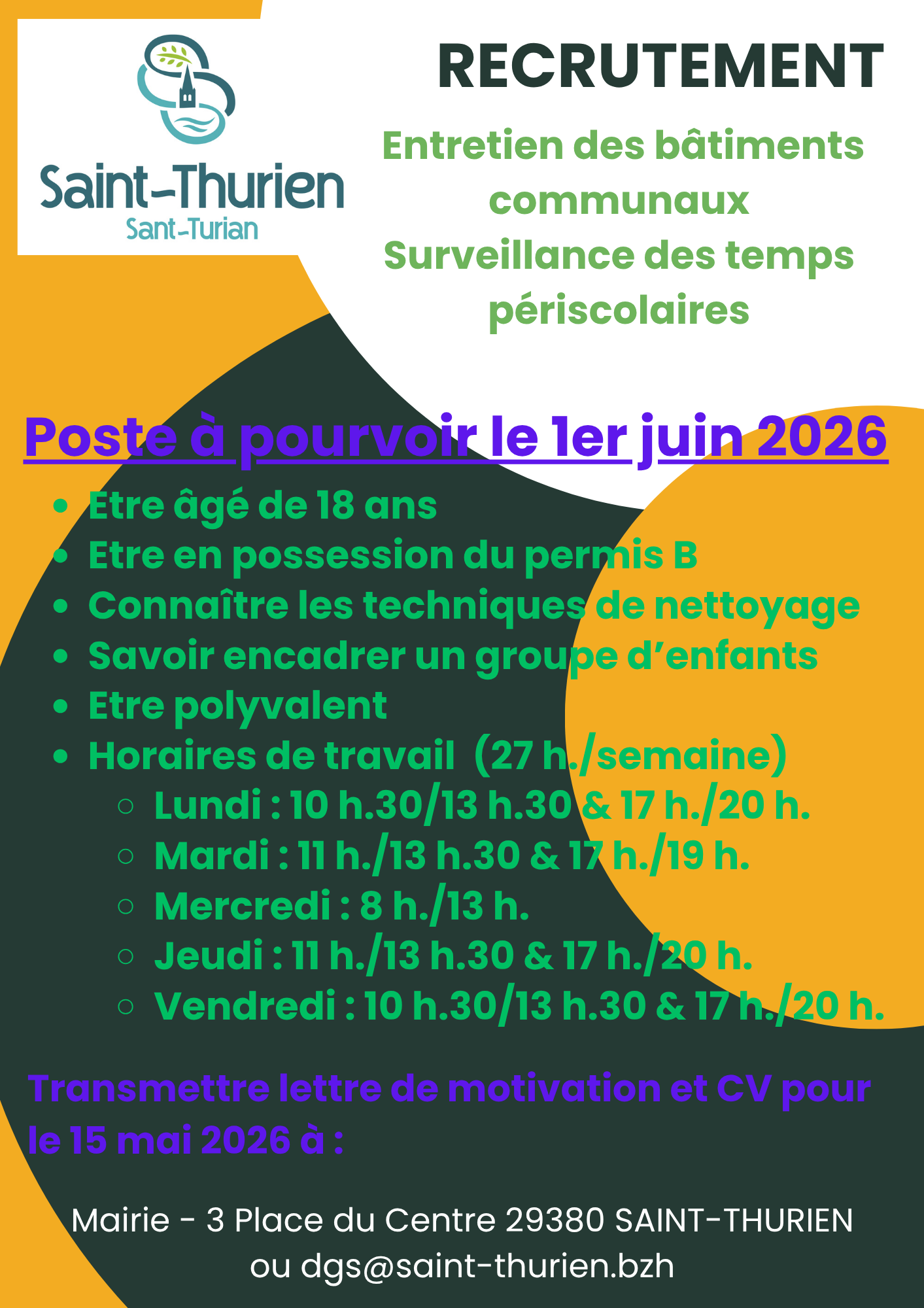 Recrutement d&rsquo;un agent d&rsquo;entretien des bâtiments communaux et de surveillance des temps périscolaires (27 heures/semaine)